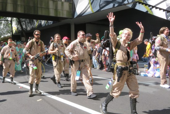 Ghostbusters cosplay army, one of them waving to us
