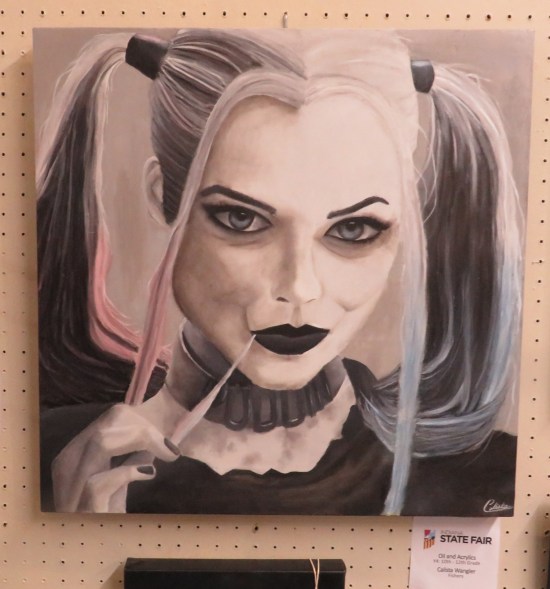 Black-and-white art of Margot Robbie as Harley Quinn.