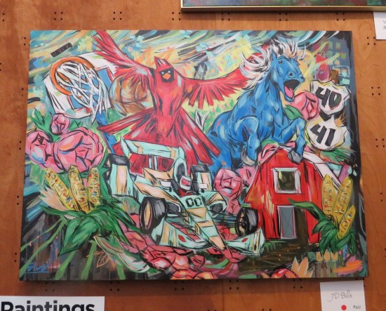 eclectic painting with a cardinal, blue horse, basketball hoop, Indy Car, ears of corn, red barn, and so on.