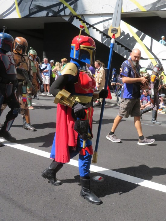 Red Mandalorian armor with blue highlights.