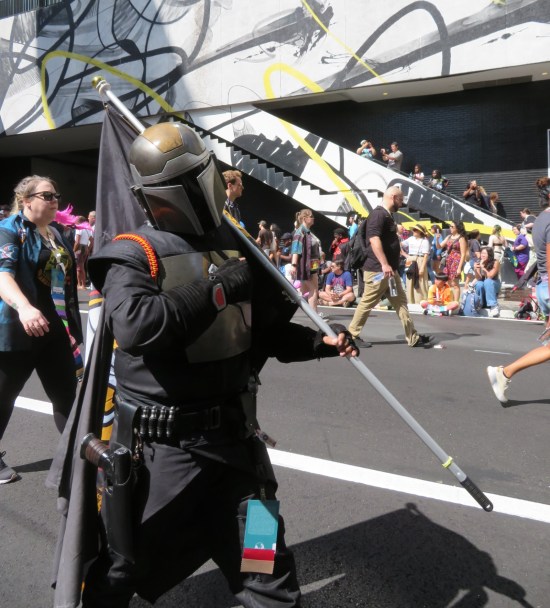 Mostly indigo Mandalorian carrying flag.