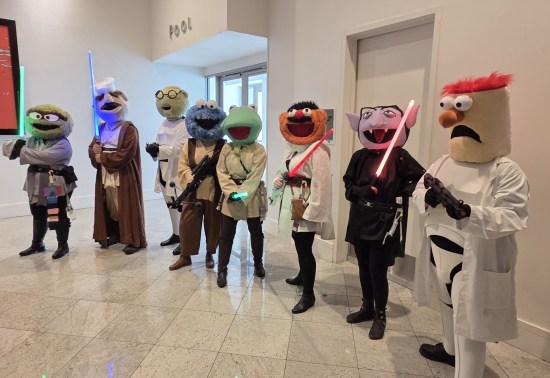 Seven Star Wars fans in costume but also wearing different big heads from The Muppet Show.