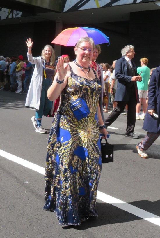 Woman in full-length TARDIS sundress.