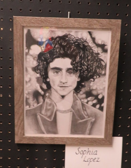 Ink drawing of Timothee Chalamet with stylized enlarged hairdo.
