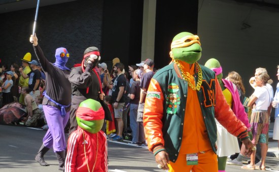 Teenage Mutant Ninja Turtles costumes, two in tracksuits.