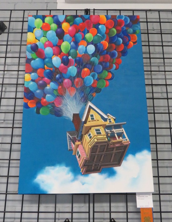 Painting of house from "Up" flying high with lots of balloons tied to it.