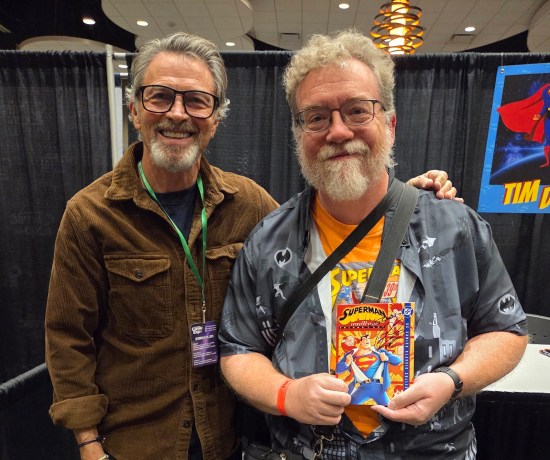 me posing politely with Tim Daly and my Superman season 1 DVD set. We're both grayer now than we were upon its release.