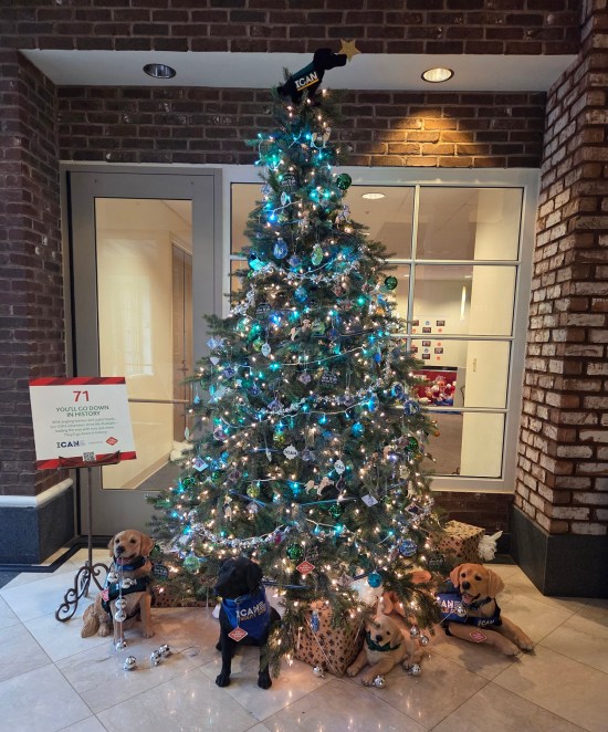 Christmas tree with dog silhouette topper and at least four stuffed dogs lying on its skirt.
