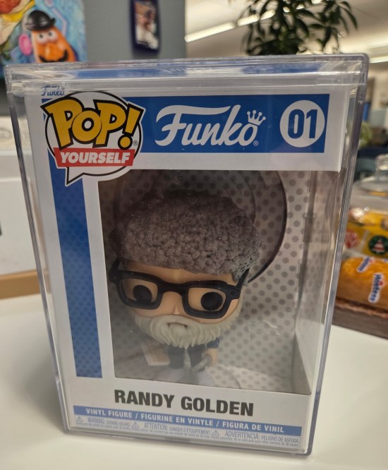 A custom Funko Pop with my name on the box. Figure has curly grey hair, beard, glasses, remote, comic, and blue shirt.