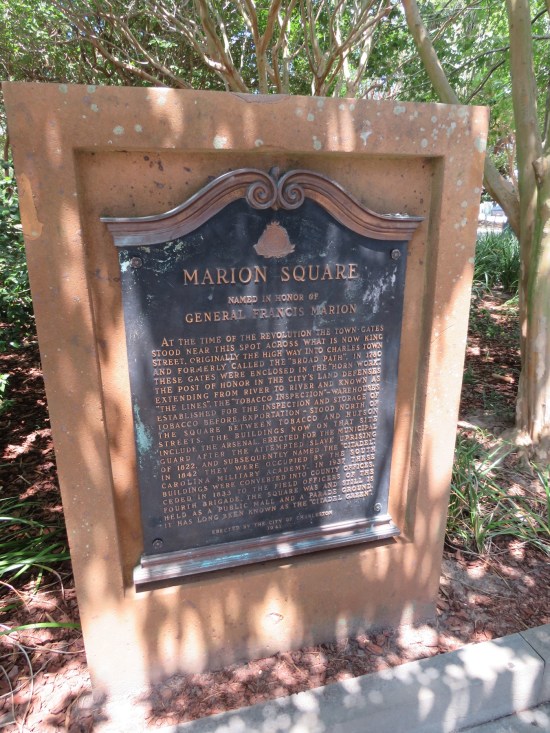 Plaque with long story about General Francis Marion, posted in a park.