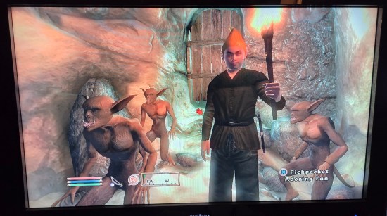 Video game pic of Adoring Fan and scamps staring at me in first-person perspective.