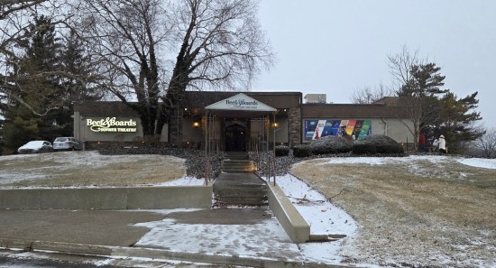Beef & Boards up on a hill, with the first later of snow not yet suffocating their lawn.