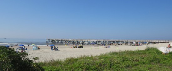 Faraway long pier off a nice beach.