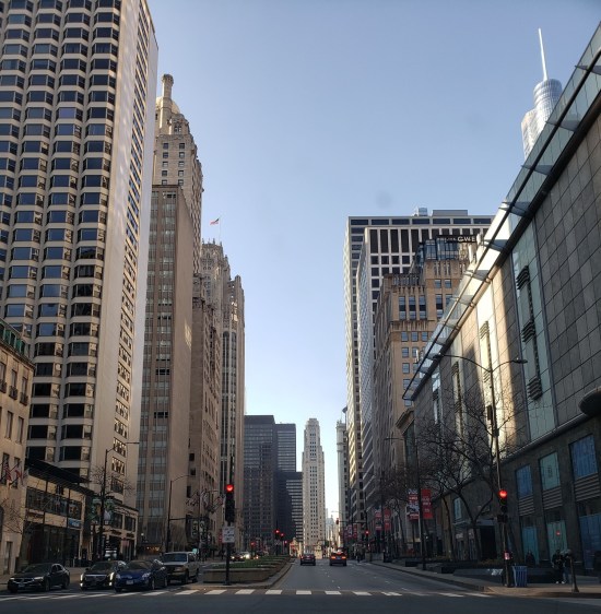 Southbound view while standing in the middle of Michigan Avenue in downtown Chicago.