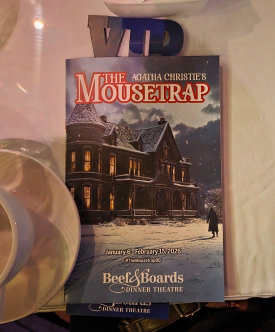 Beef and Boards' booklet for "The Mousetrao" running January 6 to February 15, 2026. Cover is a shadowy figure in front of a snowy inn at night.