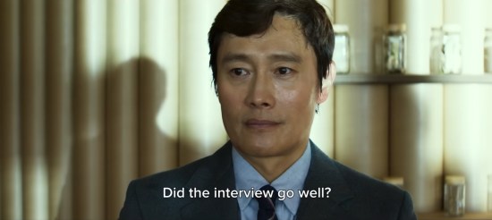 A sweaty Lee Byung-hun in business suit being asked by his wife, "Did the interview go well?"