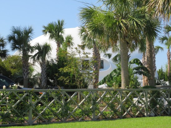 Geodesic home shaped like Skywalker House, blocked by palmettos and truck.
