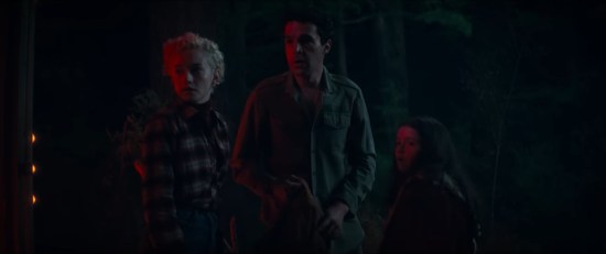 Mom, Dad and li'l daughter stand in the woods at night, scared of stuff.