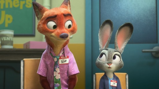 Nick the fox and Judy the bunny sit in a therapy group, wearing nametags and looking askance at each other.