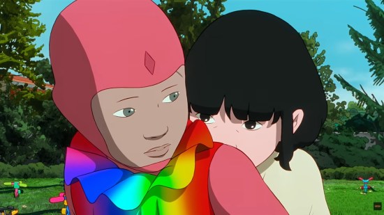 Anime preteen boy in a pink hooded jumpsuit and rainbow vest being hugged from behind by a girl his age and height.