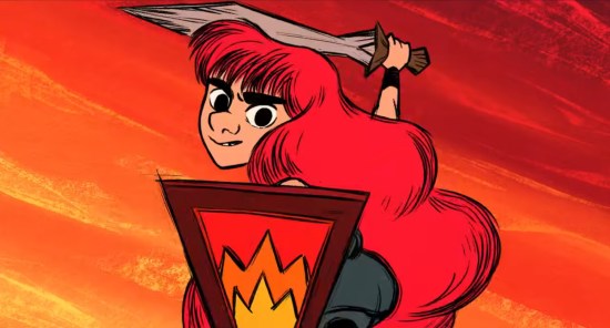 Tiny redhead Viking girl threatens you with sword and fire emblem shield.