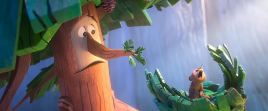 Living tree holds a bear cub in its hand-like branch, who's screaming about a porcupine quill in its nose.