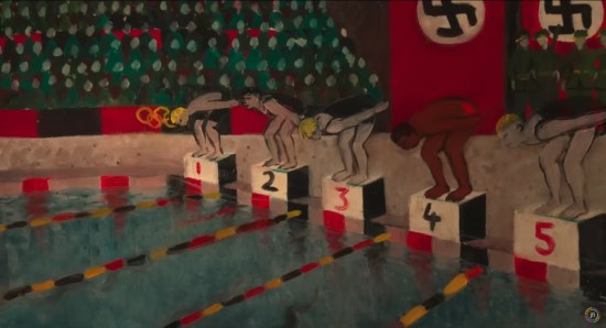 Oil painting of swimmers at the 1936 Olympics in Berlin, with Nazi banners hanging behind them near the audience.