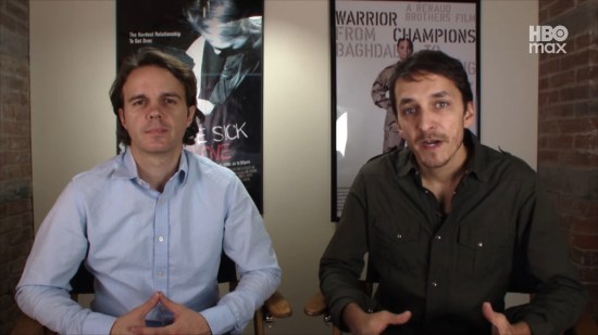 Craig and Brent Renaud sitting before a camera introducing themselves. Posters of their documentary work hang behind them.