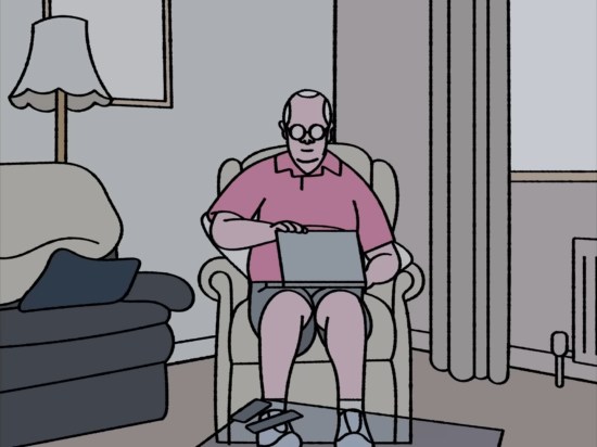 Cartoon of old man sitting in living room with laptop.