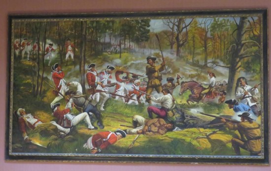 Revolution painting, frontiersmen and Redcoats shooting each other in forest