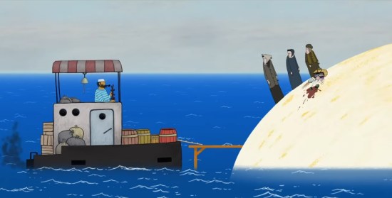 Simplistic cartoon about three women on a dome-shaped white island, staring at a docked boat with a single sailor. Groceries are spilled at their feet.