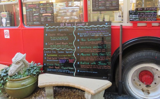 Coffee shop menu with drink names such as The Lebowski, Walter's Whites, Maude's Dirty Chai, and Rolling With Jesus.