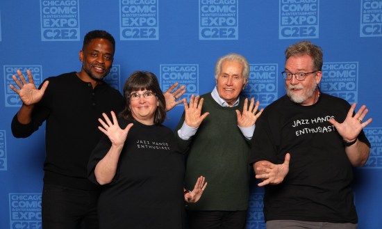 Dule Hill and Martin Sheen from "The West Wing" and two geeks wearing shirts that say "jazz hands enthusiasts".