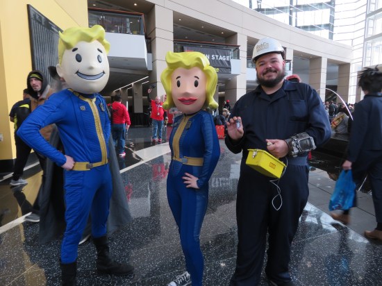 Three Fallout video game character costumes