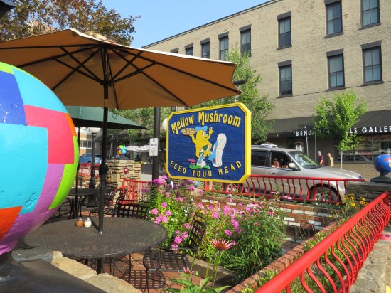 Mellow Mushroom sign with mascot made of cheese carrying a pizza. Patio seating is surrounded by a tall pink flower garden.