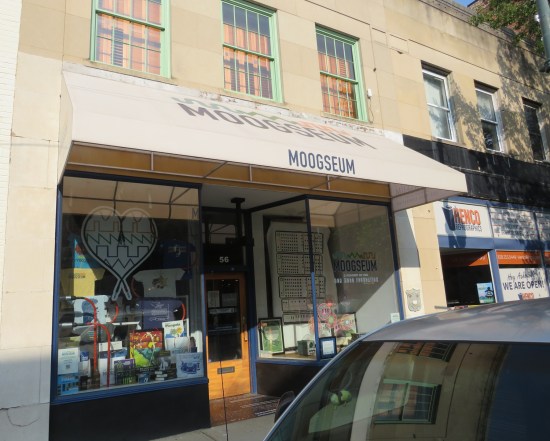 Moogseum storefront has white awning with black lettering and glass display windows on either side of its wooden door.