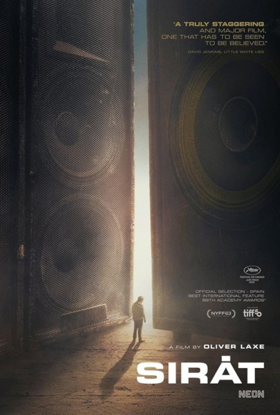 Sirat movie poster with forlorn man standing in front of Godzilla-sized speakers.