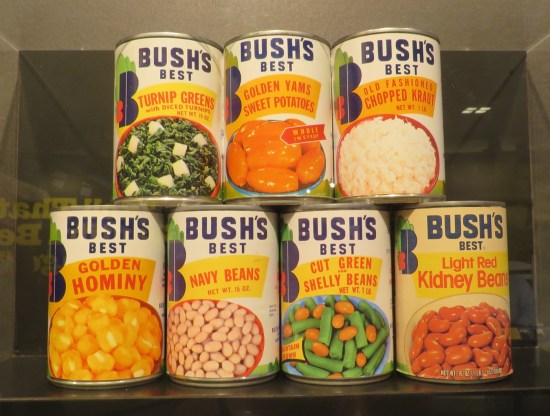 Old cans of other Bush's foods: turnip greens, yams, sauerkraut, hominy, navy beans, green beans and kidney beans.