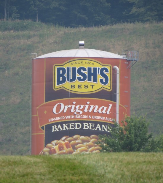 Water tower in a forested area, painted with the label of a can of Bush's Baked Beans.