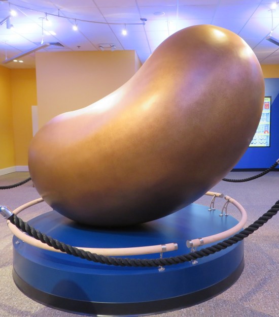 Large baked bean sculpture in a museum display.