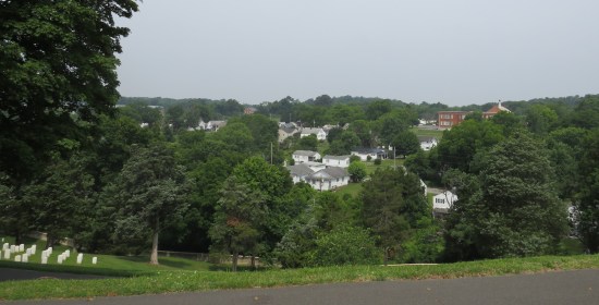 Distant small town surrounded by forest. Mostly white and grey buildings, two are brick brown.