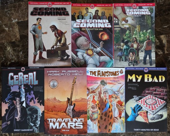 7 graphic novels written by Mark Russell, titles written about below.