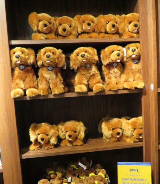 Wooden shop shelves full of Duke dolls in different poses.