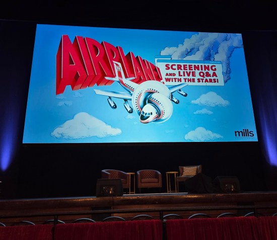 Big-screen card for "Airplane Screening and Live Q&A With the Stars!" with knotted airplane from the film's original poster.
