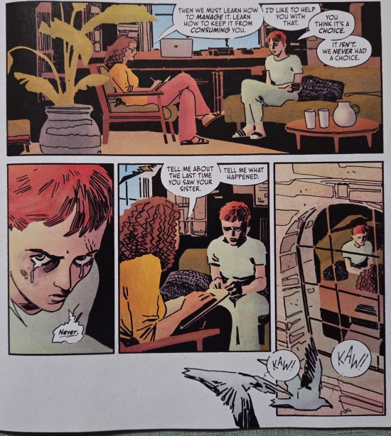 An angry Kate Kane visits her therapist and looks out the window at flying birds before talking about her sister.