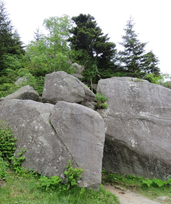 piles of big rocks on the side of a walking path