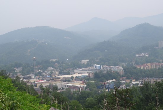 Let's enhance! zooming in on Gatlinburg from miles away.