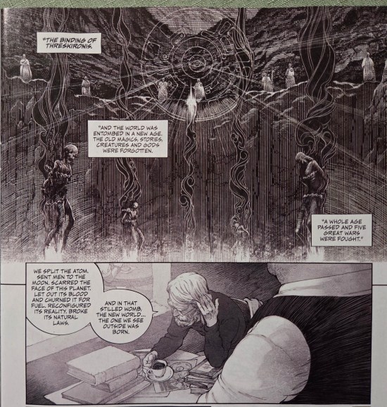 Exquisite black-and-white art of an ancient story about bound gods, framed with a sequence of a musing writer having coffee.