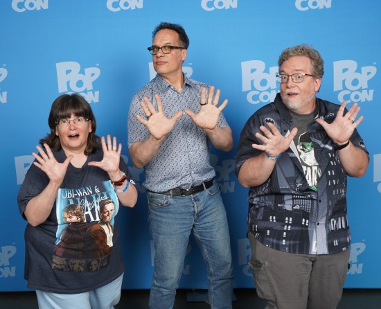 us doing jazz hands with Diedrich Bader, who's wearing glasses and awesome.