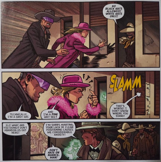 Sci-fi guy in gray hat and lady wearing all pink including hat are barred safe haven in a virtual saloon full of white-hatted guys.